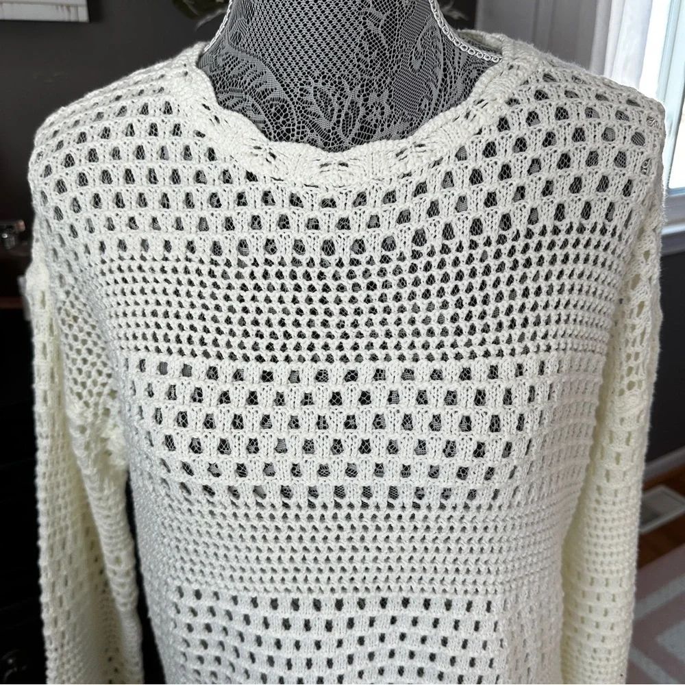 Cream Crochet Open Knit Sweater Tunic | Coastal Boho Beach Coverup Size M